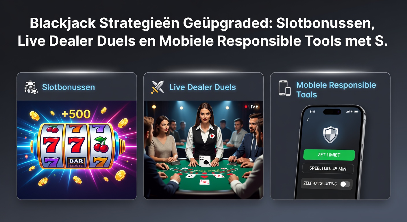 Mobiele app met responsible gaming tools, live blackjack duel op scherm en snelle betaalopties zichtbaar, tegen achtergrond van slotbonussen