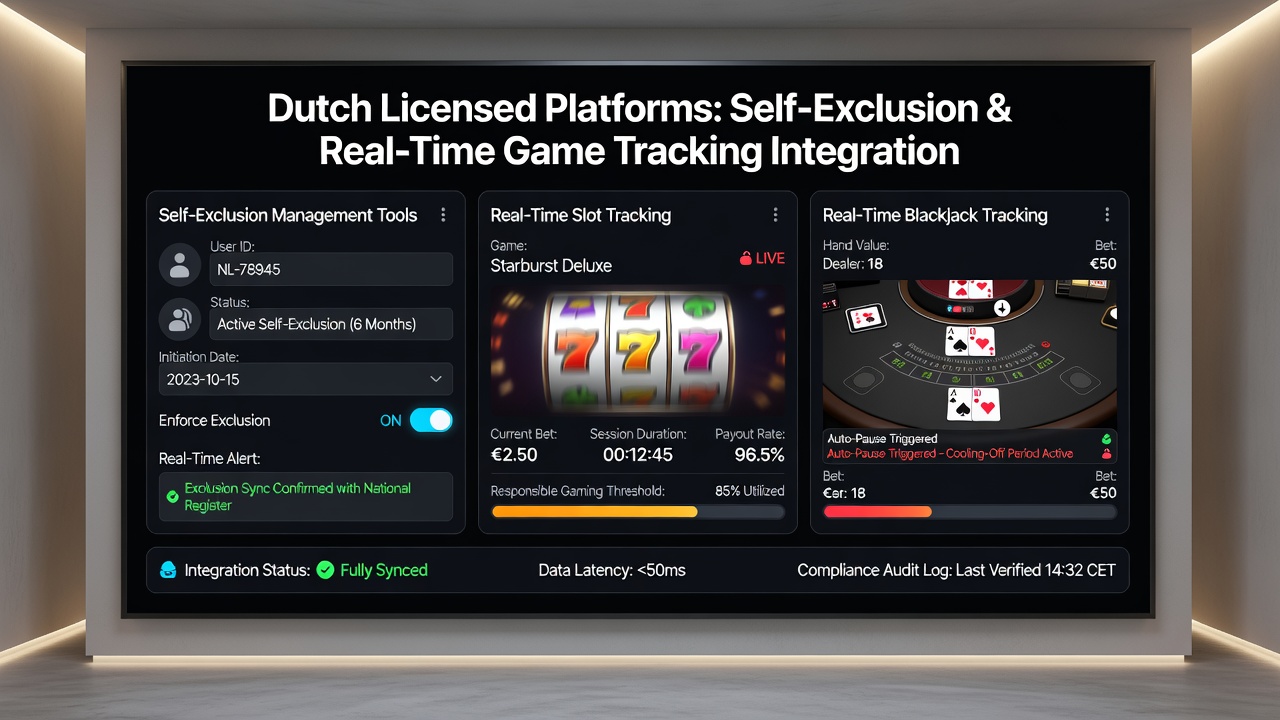 Diagram van real-time tracking dataflow tussen spelsystemen en zelfuitsluitingsregisters
