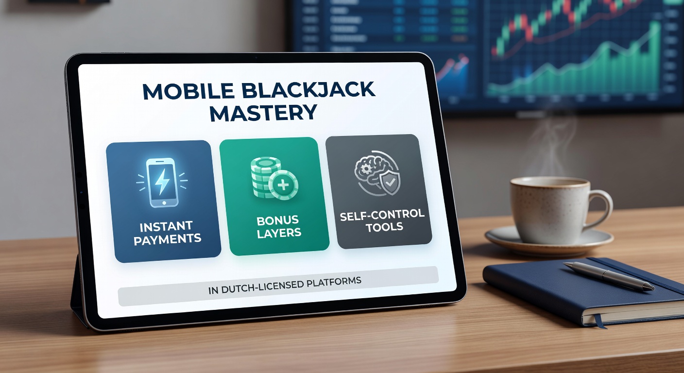 Speler aan mobiele blackjacktafel met snelle uitbetaling en bonusiconen op Nederlands gelicentieerd scherm