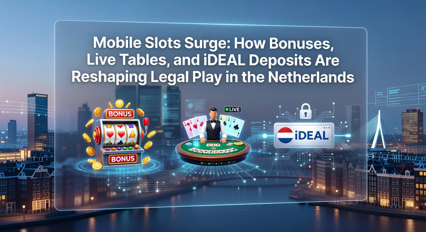 Smartphone met kleurrijke mobiele slots en iDEAL betaallogo's op een Nederlands vlaggetje achtergrond, symboliserend de groei van legaal online gokken