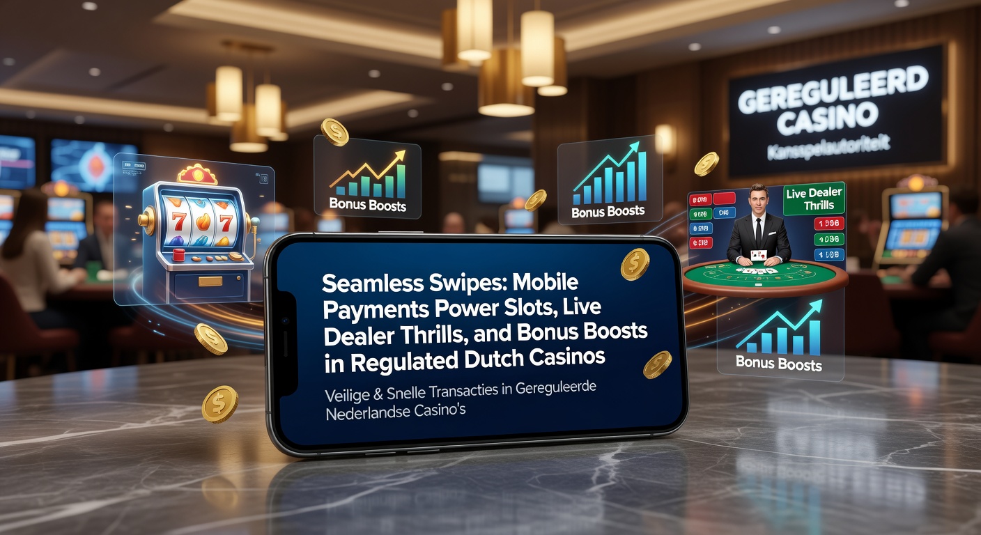 Smartphone met mobiele betaalapp actief tijdens een live dealer sessie in een Nederlands online casino, slots draaien op de achtergrond