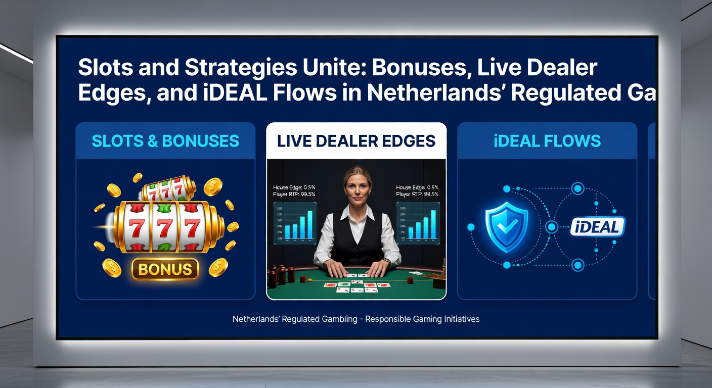 Live dealer blackjacktafel naast een draaiende slotmachine met iDEAL betaalicoon, illustrerend de naadloze integratie van strategie, live play en betalingen in Nederlandse online gokhubs